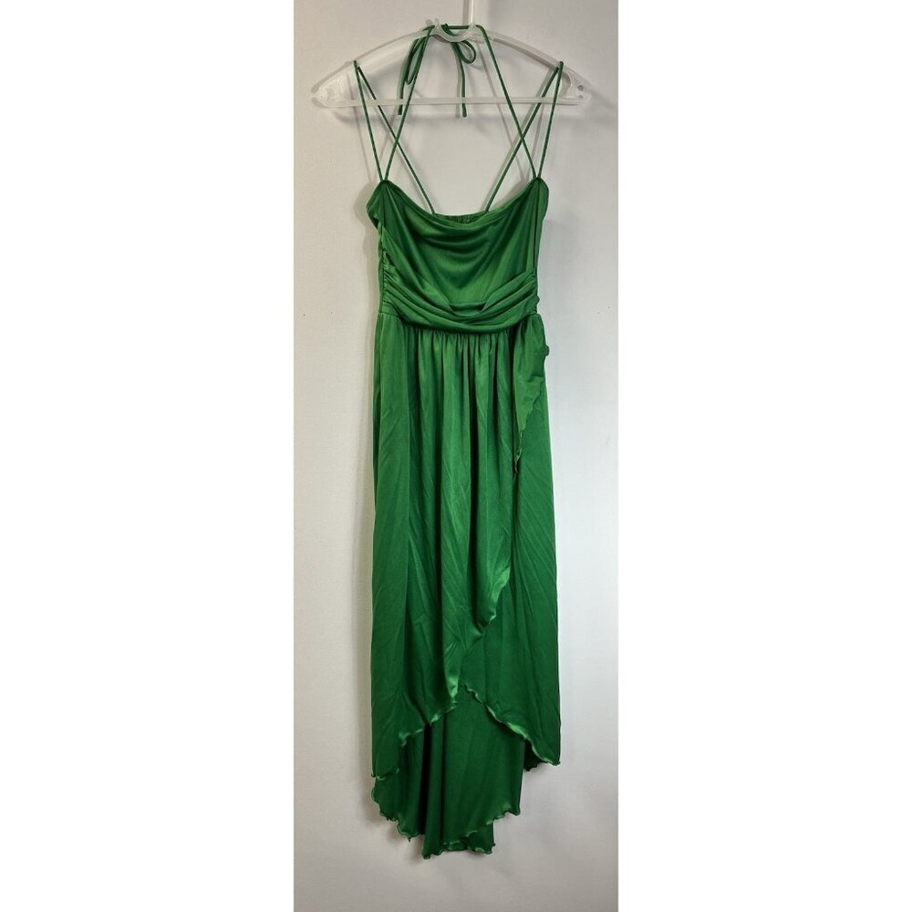 Vtg 70s Funky Sexy Halter Kelly Green Asymmetrical Halter Disco Dress 5 💚